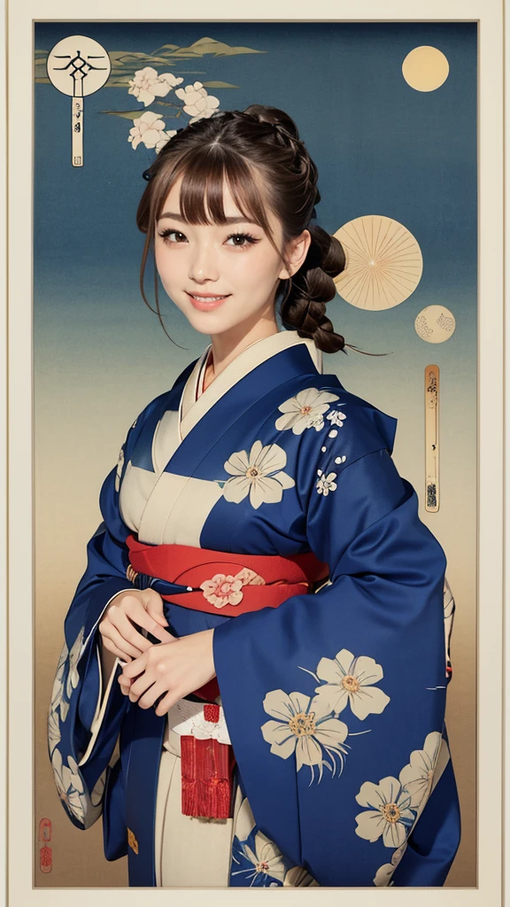 Japanese style tarot cards, Line art, masterpiece, Highest quality, Highest Resolution, Anatomically correct, Accurate Anatomy, Five fingers, One Japanese woman, Smile and show your teeth a little., Fine and beautiful eyes, Sparkling eyes, Thin eyebrows, Gives lashes a delicate finish, False eyelashes, (Ukiyo-e Makeup:1.2), (Braided hair, Blunt bangs, Brown Hair:1.2), Detailed face, Sharp Eyes, (Portrait of a beautiful woman in kimono:1.3), Photo taken from the thigh up, Blank background in warm colors