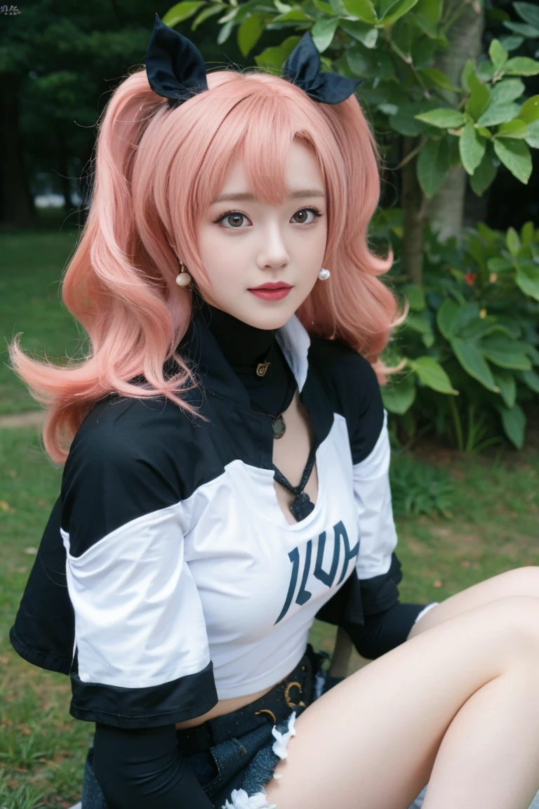 best quality, tmasterpiece,Ultra-high resolution,Clear face,(Reality:1.4),ferpect lighting,(upper body), (photorealistic:1.50), anime wallpaper, Guviz style artwork, cover-up fantasy up to magic , by Yang J, Guviz, beautiful artwork illustration, beautiful digital artwork, beautiful digital illustration, Li Song, beautiful anime portrait, art style in Beauvot, 25 year old woman, 1girl, 独奏,cosplay, looking at the audience,
long hair, (pink hair:1.5),(twintails ),(hair ribbon), blue eyes, Tube top, single thighhigh, short shorts, cropped jacket, belt boots, hair ribbon, hairclip, earrings, single sock, high belt, thigh strap, detached sleeves, doll, black collar,
Outdoor, grassland, park, Garden, (sitting:1.5), night sky, (looking at viwer:1.3), (upper body:1.5), (medium breasts), (shagging breasts),