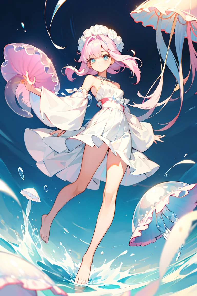 (1 Girl), solo, solo, Full-body portrait, Jellyfish hair， Cool women，Shoulder Bare , My chest is open ， There&#39;s a chain on the dress , Mermaid trousers，White background, The Detailed Art of the Onmyoji, beautiful painting style, The Style, masterpiece, Top Quality, Highest quality, Ultra-high resolution with beautifully detailed lighting