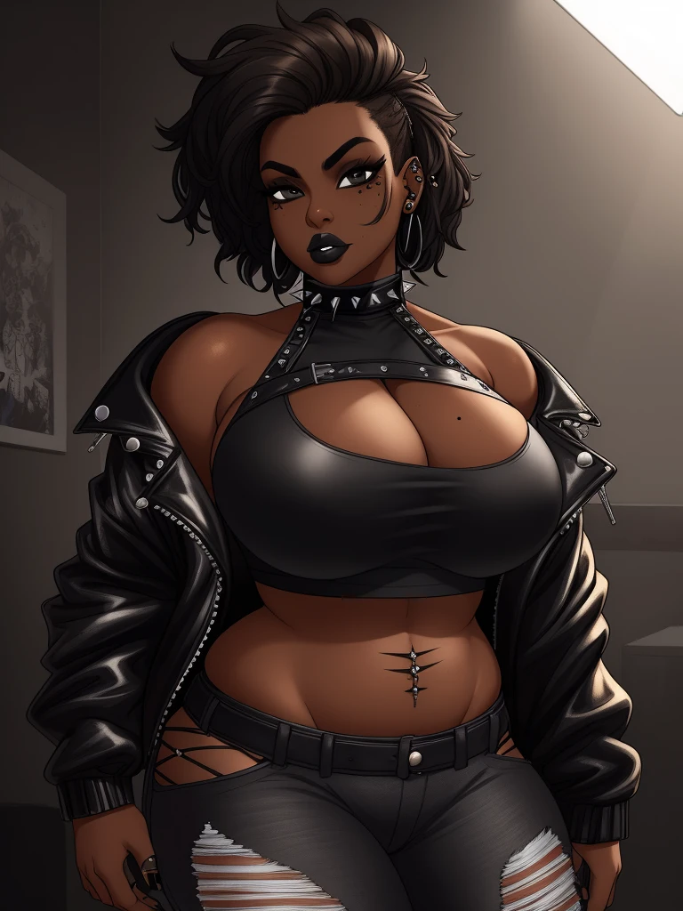 Masterpiece, high quality, (brown skin girl), goth, portrait, gothic clothing(ripped jeans and revealing crop top), piercings, bedroom background, moles on face, black eyes, vivid colors, studio lighting, curvy, big breasts and plump ass, biker jacket with spiked shoulder pads