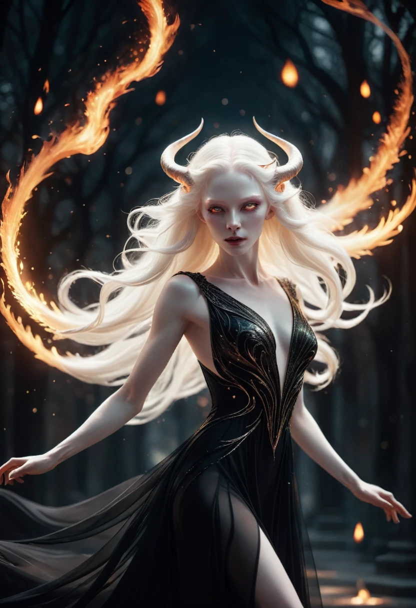 whole body, Solitary,A beautiful female demon, With deep black eyes, Albinos with very pale skin, Long hair fluttering in the wind, Floating flame particles, Long flowing transparent black dress, (Long and complex horns:1.2) desolate, surreal fantasy, at night, Geometric abstract art, fantasy, detailed, (Rim Light, Side lighting:1.4), Bokeh, 4K