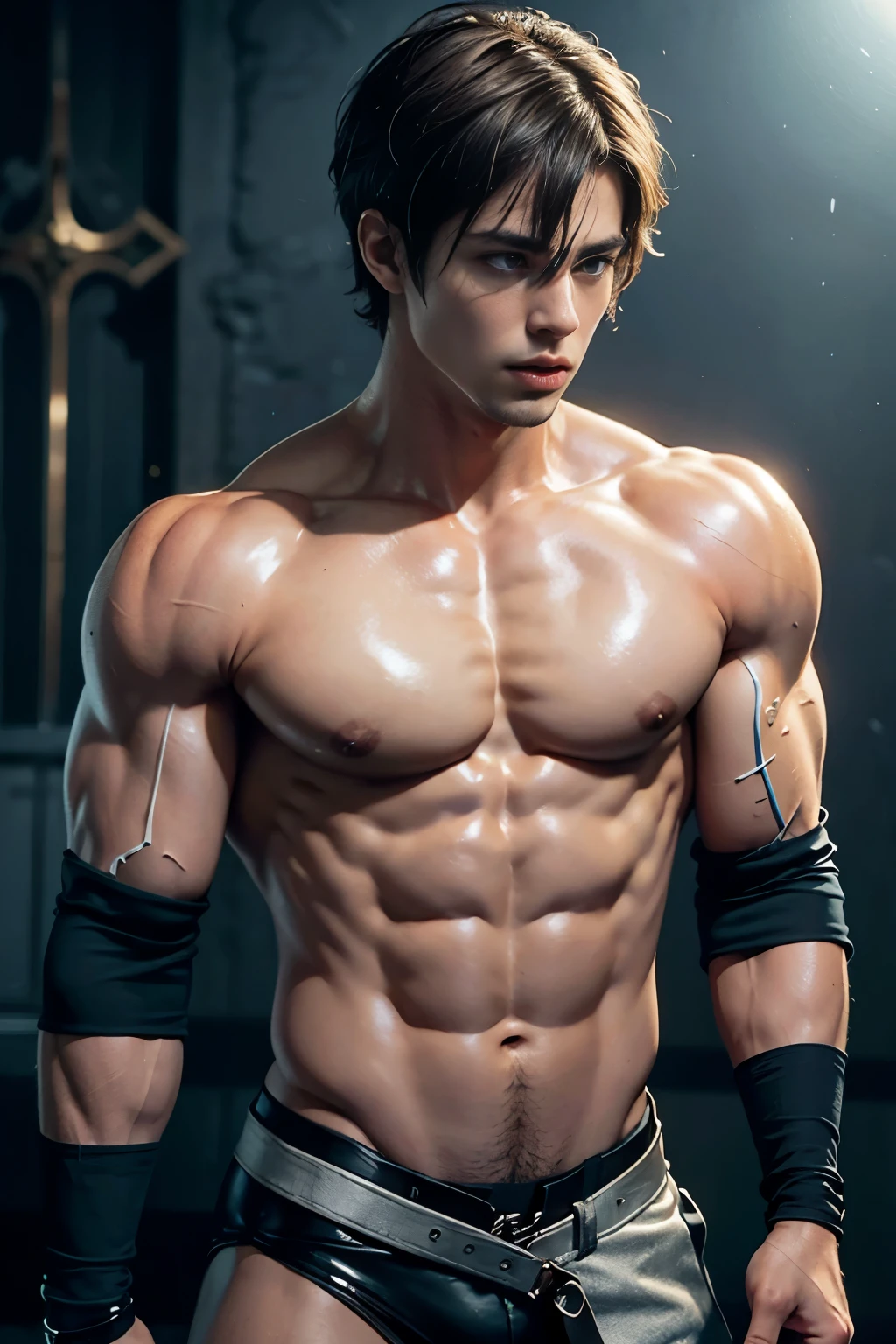 Muscular dude,8K Ultra HD resolution,short hair,short hair,Fashionable and avant-garde hair style,buzz clip,The chest muscles are full,abdominal muscles,rough real skin,naked,Sexy and charming expression,blue eyes,Gloomy eyes,Background cathedral