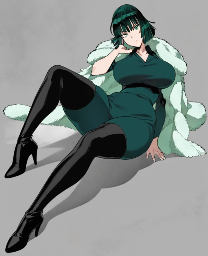 The character Fabuki from the anime series "one punch man" lying down (full body). young woman with a curvy figure, chin-length, dark green hair with a fringe styled into a bob, and her eyes are light green. long white fur coat, a dark green form-fitting V-neck dress with a high collar, black thigh-high heeled boots