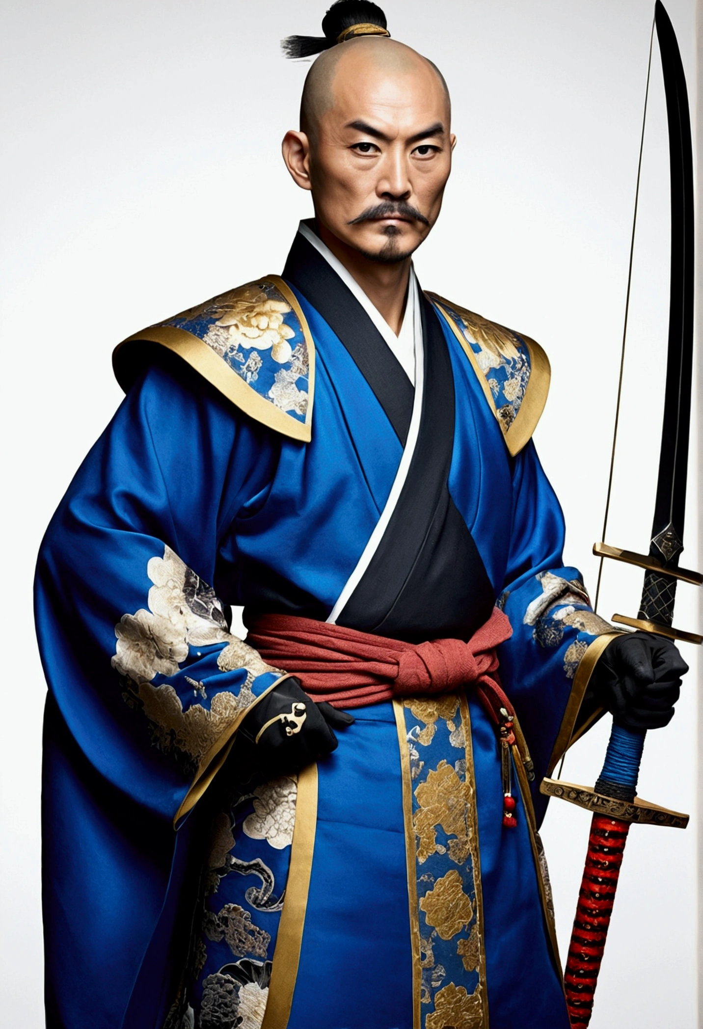 Draw a young Oda Nobunaga in eccentric clothing from the Sengoku period. 
Full-length portrait, 1,68, bald , thin mustache, kung fu master style, black eyes, blue and white kimono, black cape with cap, black sword with gold accents on right side, Japanese longbow on back, cold iron Qatar style gloves on handsHe should have a playful and rebellious expression, reflecting his nickname "Utsuke-mono" (fool). The attire should be colorful and unconventional.
