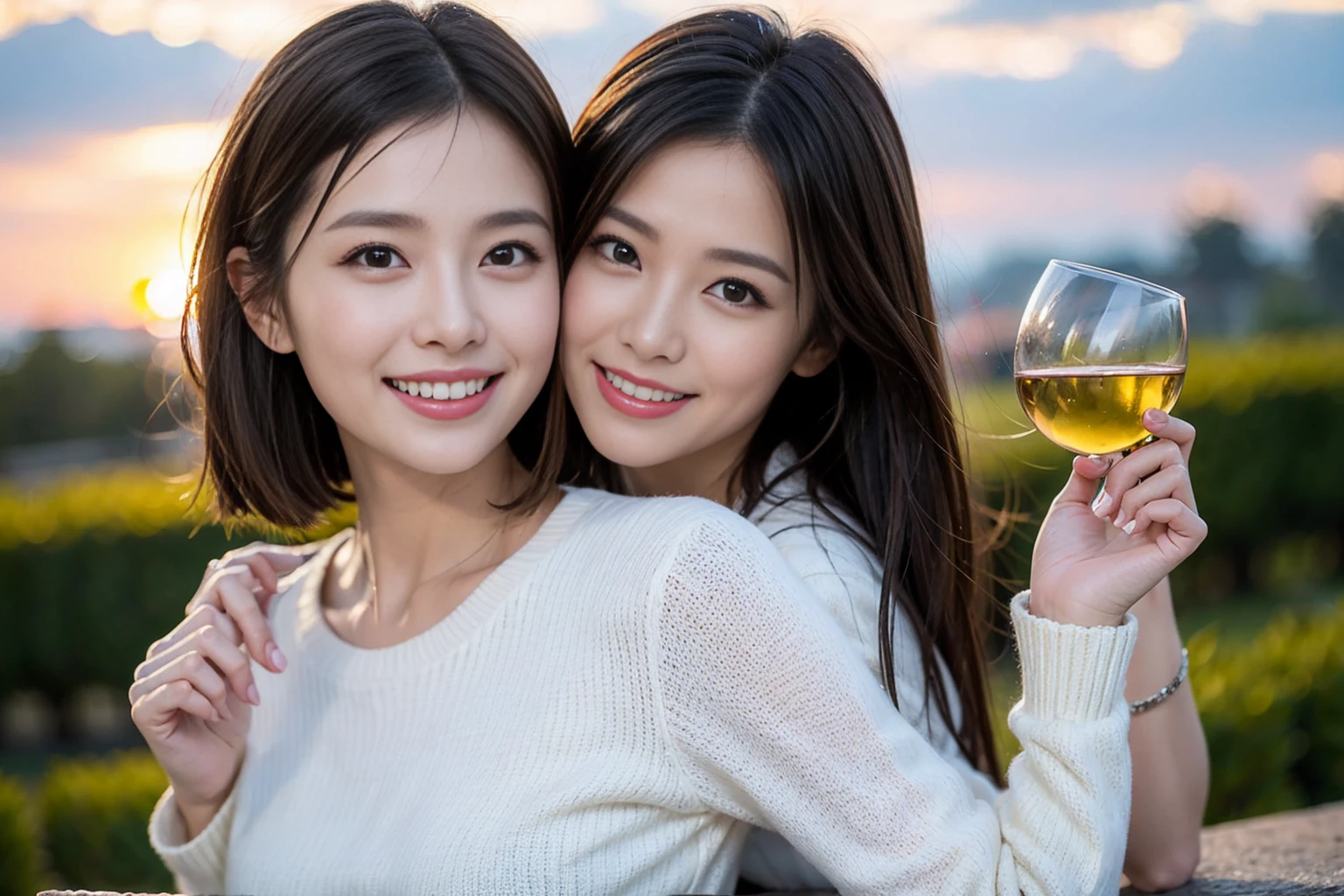 ((Highest quality、、masterpiece:1.3))、1 male、1 female,44 years old 39 years old、Shine the light on my face、Slim Beauty、Beautiful couple、Upper Body、smile、 (Slim face), (the body is スリム), (Brown Hair), (Shortcuts), テーブルのフルコースディナーとwine glass、Amazing view of the sunset sky and clouds、smileの美しさ、Wine bottle、sparkling wine、Long sleeve shirt、dress、White wine, red wine, wine glass, Beautiful fine grain, Depth f/2,saturation, High Contrast, Strong light and shadow,Moist Body:1.5、 texture、The hair is very shiny、
