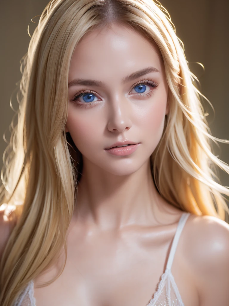 Shiny and shiny golden hair, deslumbrante cabello rubio súper long y sedoso, 18 years old beautiful beautiful face, Bright blonde dancing in front of a pretty face、long, silky bangs that cover the space between the eyes very beautiful, bright, Big, light blue eyes、very big eyes、Hair that hides the face, Mujer joven y bonita sexy con flequillo súper long、pure white skin、cheek glow highlight, topless, showing naked breasts,white micro thong