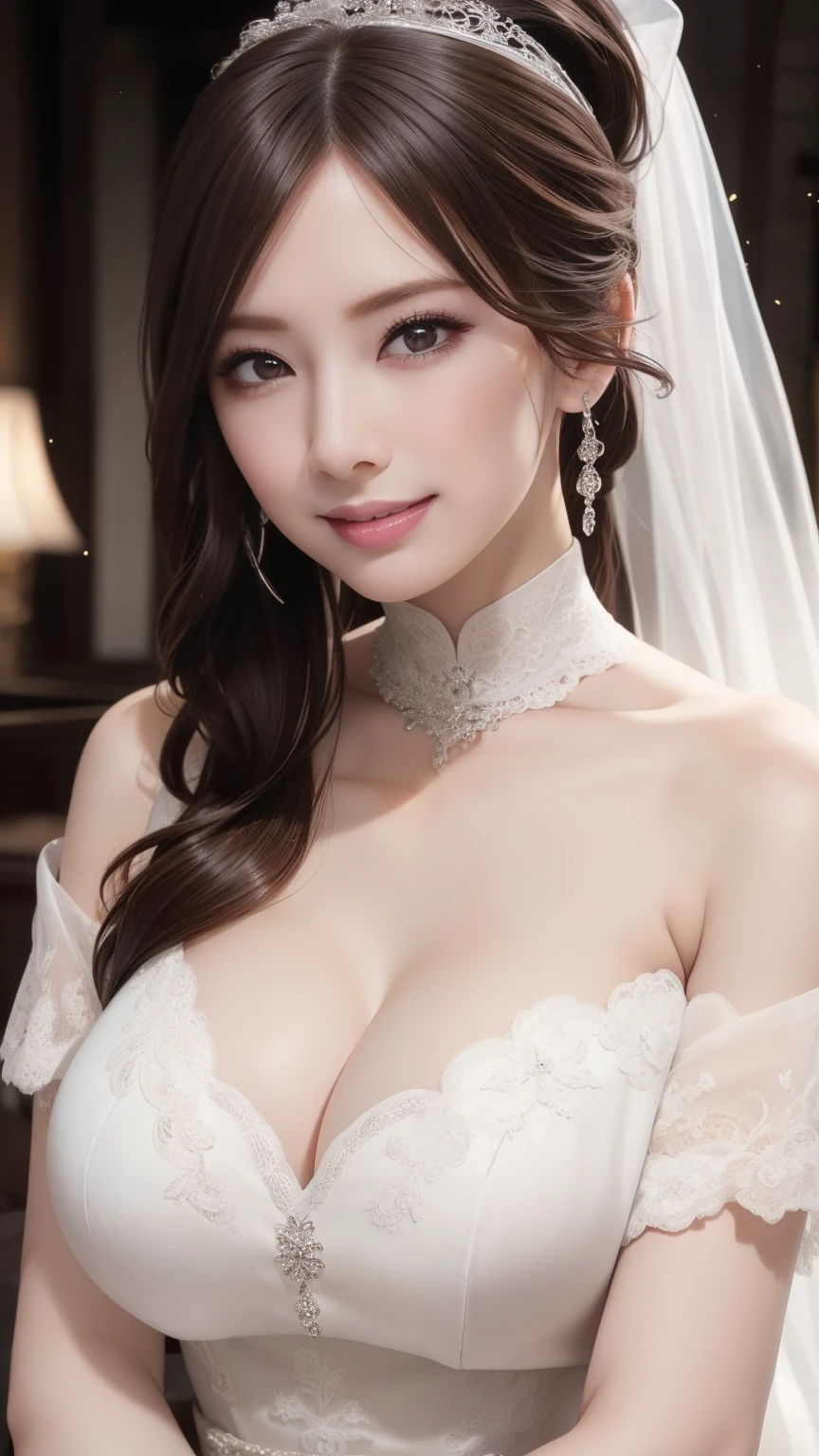 Tabletop、Great light、Beautiful lighting、Heavy eye makeup、Dark eyeliner、((ponytail))、White skin、Revealing clothing、Large Breasts、Huge breasts、Dresses that show cleavage、Off the shoulder、Wedding dress、Detailed embroidery、lace wedding veil、Gorgeous Accessories、church、Brightly colored stained glass、smile、かわいいsmile
