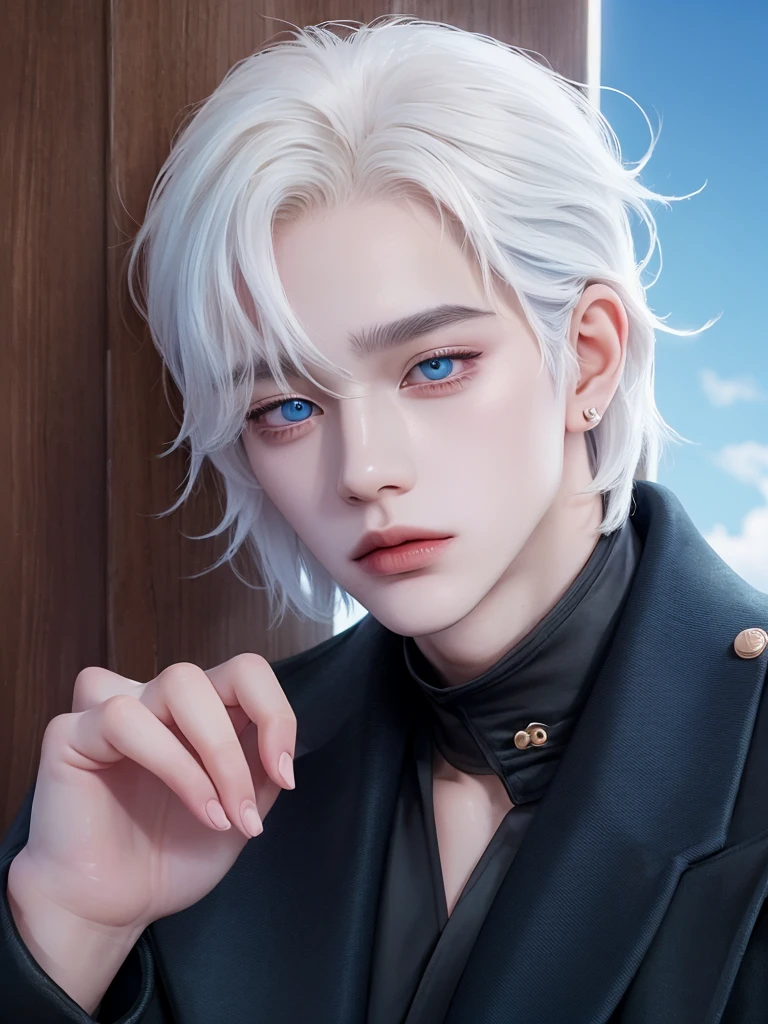 tmasterpiece, topquality, hight resolution, solo,open hands,((ulzzang)),((badboy)),sexy expression,the whole body is visible,((the whole body is it in the frame)),((male)),((coat)),(piercing),((sensuality eyes)),((gundam in the background)),((hand poses)),(lens 70mm),((perfect hand)),((white hair)), ((saturated gojo)), (( JUJUTSU KAİSEN)), ((albino)), ((blue sky eyes)), ((Black jacket))