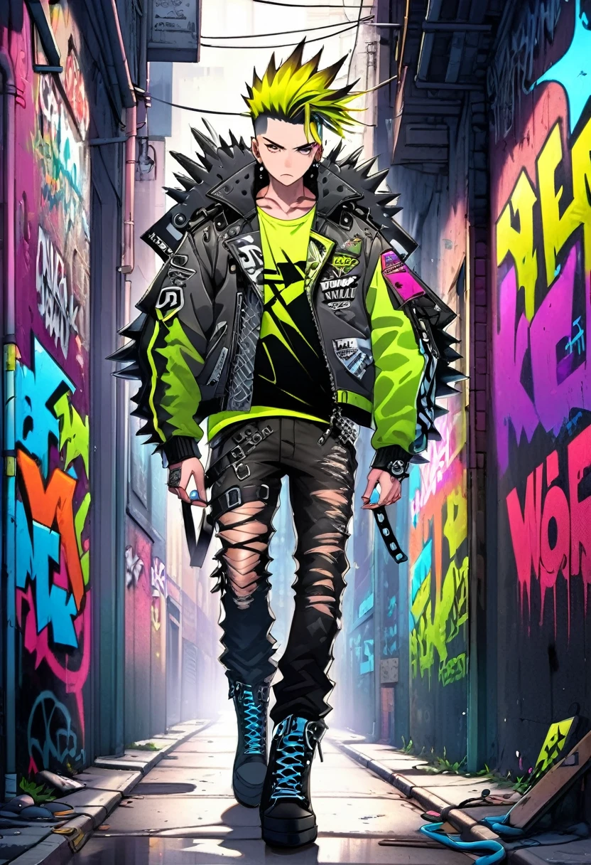 A man with a metal punk style is walking down the streets in a dystopian world. The scene is set in a world dominated by metallic elements and punk aesthetics. The man's appearance is characterized by a rebellious and edgy fashion style, with an outfit consisting of leather jackets, ripped jeans, and heavy metal accessories along with military style boots. His hair is spiked and dyed in vibrant neon colors, showcasing his fierce personality. In terms of art style, the prompt emphasizes the fusion of punk aesthetics with a dystopian world, resulting in a unique blend of urban grit and metallic elements. This combination creates a visually striking and thought-provoking image. The color palette is dominated by dark hues, with accents of vibrant neon colors to create a contrast and enhance the futuristic atmosphere. Each design element, from the textured leather of his jacket to the intricate patterns in the graffiti, is meticulously crafted to create a photorealistic masterpiece.