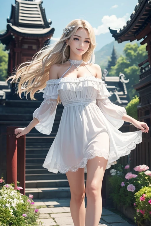 (Highest quality,Very detailed,High resolution,masterpiece,8K),Bright and vibrant colors,Official artwork,whole body,Standing posture,above the knee shot,Stylish makeup,Silver blonde medium-long hair fluttering in the wind、Captivating eyes,Glossy Lips,Off the shoulder、White lace dress,Cute girl with ample breasts,Beautiful neckline, Holding,Captivating smile,Solemn atmosphere,An ancient and majestic temple、