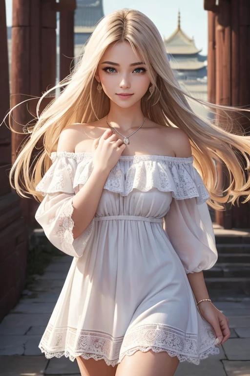 (Highest quality,Very detailed,High resolution,masterpiece,8K),Bright and vibrant colors,Official artwork,whole body,Standing posture,above the knee shot,Stylish makeup,Silver blonde medium-long hair fluttering in the wind、Captivating eyes,Glossy Lips,Off the shoulder、White lace dress,Cute girl with ample breasts,Beautiful neckline, Holding,Captivating smile,Solemn atmosphere,An ancient and majestic temple、