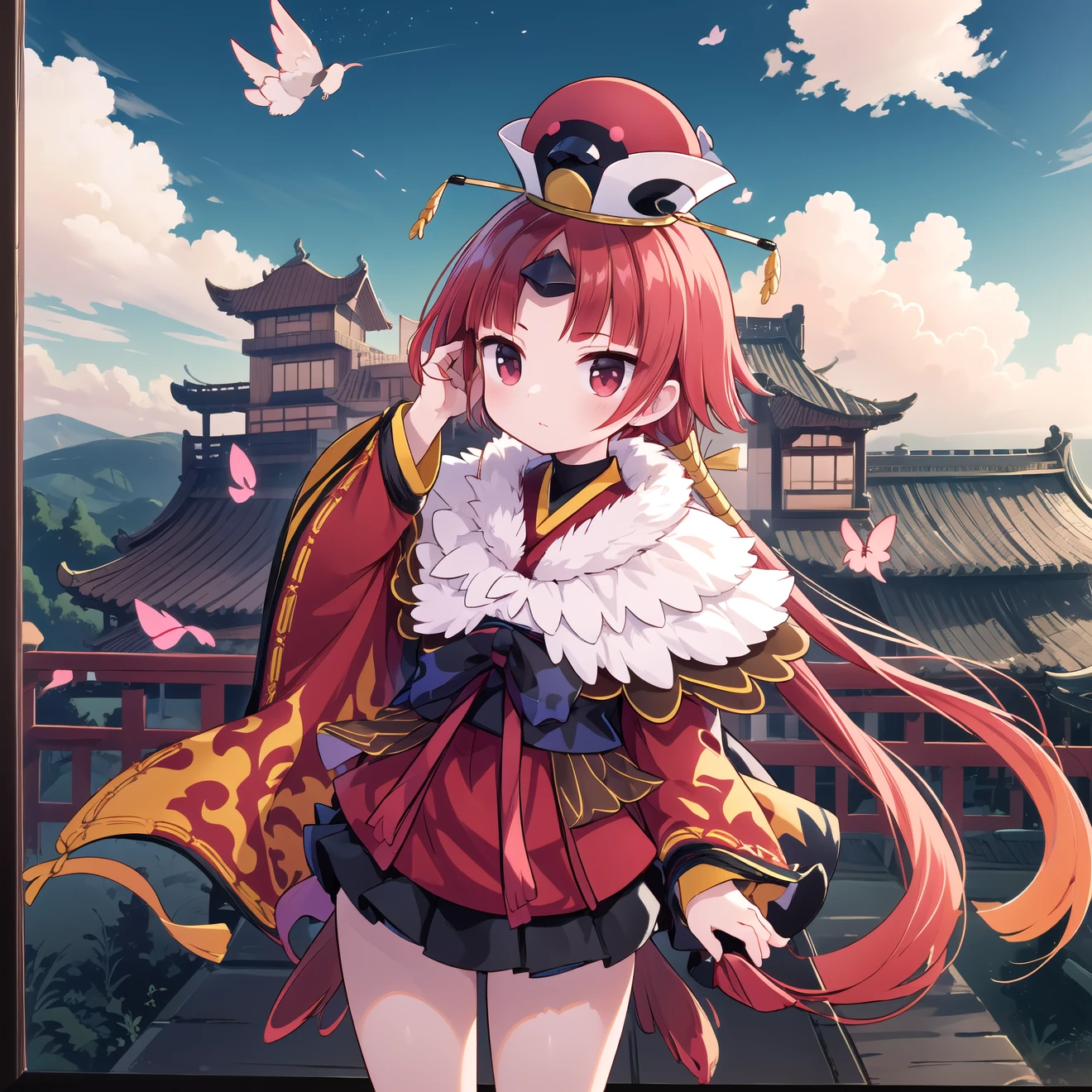 wallpaper,(hand in own hair:1.3)temple,Chinese architecture:1.2,(overlooking:1.3)Beautiful sky,cloud,Fluttering Hair,The wind is blowing,Black Mini Skirt,red kimono,hat,masterpiece,best quality, (masterpiece:1.2, best quality:1.2),(cinematic lighting)