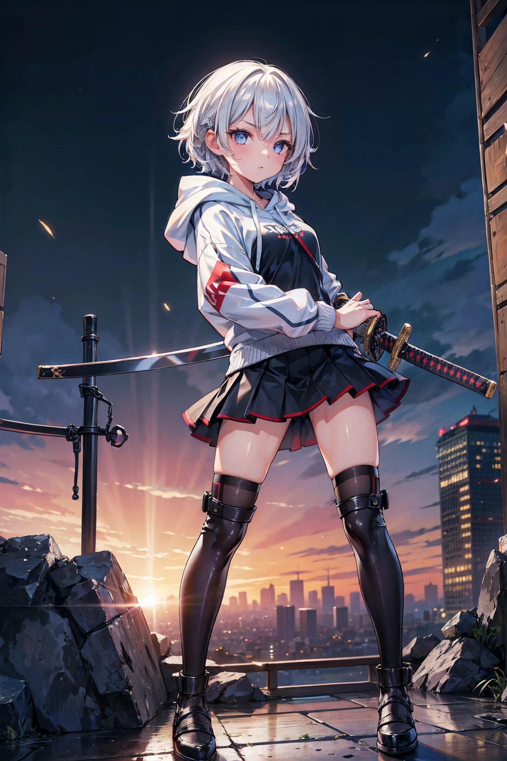 (masterpiece), (best quality), (ultra detailed), (high res 8K), 1 girl, late age, standing, contrappost, full body, low angle, hoody, mini-skirt,((katana)), short hair, silver hair, serious, looking away, cityscape in Tokyo, night, rim lighting, high contrast, professional lighting, stunning face, symmetrical clear eyes, detailed eyes and face,(near future)