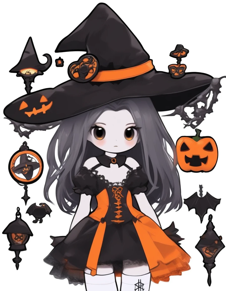 Cute girl, bright orange and dark black, white thigh-high socks, platform heels, gothic style, , small bust, witch, simple background,from front,cowboy shot,standing