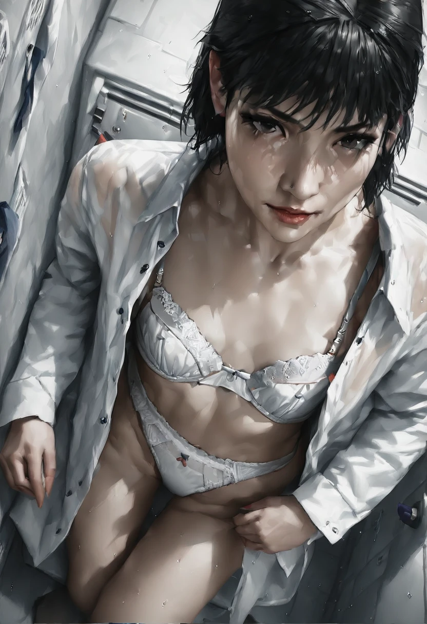 (((masterpiece) (((((Highest quality))))((high resolution))))), Very detailed, Ultra-realistic, )、、lockerルーム、Open shirt、White Bra、White panties、Black Hair、Small breasts、locker、Change of clothes、Expressionless、From above