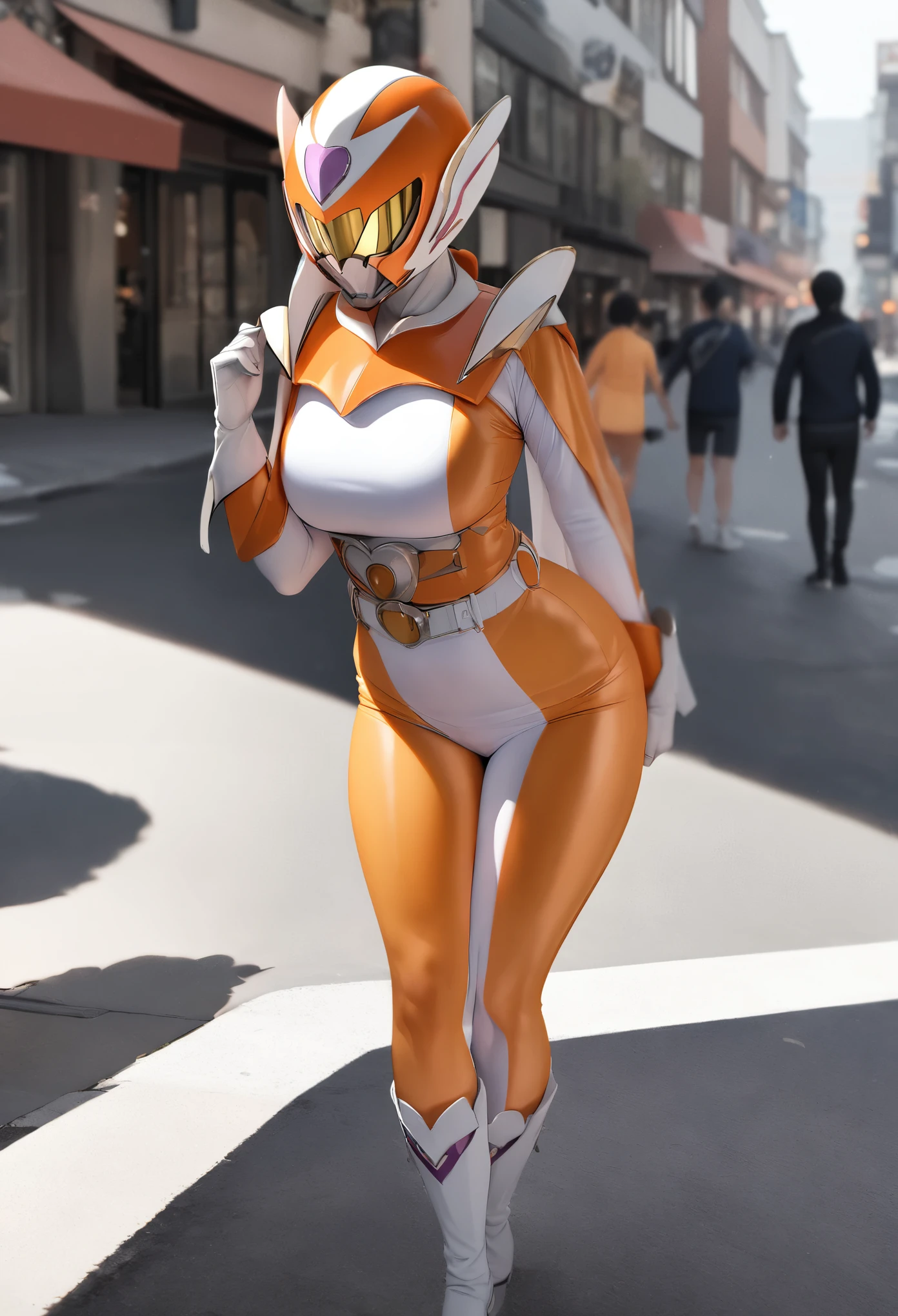 masterpiece, best quality, very aesthetic, absurdres, high quality, 1girl, original, ibagirl, tokusatsu, orange helmet, orange bodysuit, belt, gloves, white boots, shoulder armor, skirt, standing, street(background),