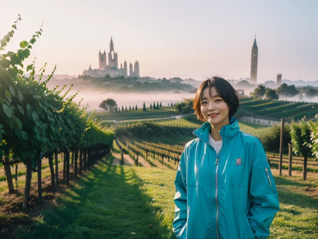 high quality, 1 woman, ((36-year-old healthy Korean woman)), ((36 years old)), 1 woman, eyes are big and beautiful. ((slim)), ((short medium hair)), Smile. pose: standing, luxury windbreaker jacket, background: 1 woman, Vineyards in Piedmont, Italy, The cathedral can be seen in the distance through the early morning fog.. Full body shot with 16-34 wide angle lens, The cathedral can be seen through the foggy vineyards., looking up the side