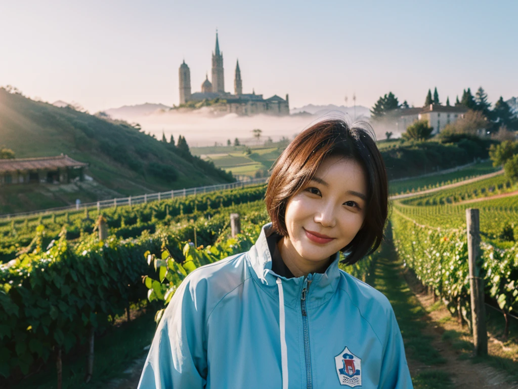 high quality, 1 woman, ((36-year-old healthy Korean woman)), ((36 years old)), 1 woman, eyes are big and beautiful. ((slim)), ((short medium hair)), Smile. pose: standing, luxury windbreaker jacket, background: 1 woman, Vineyards in Piedmont, Italy, The cathedral can be seen in the distance through the early morning fog.. Full body shot with 16-34 wide angle lens, The cathedral can be seen through the foggy vineyards., looking up the side