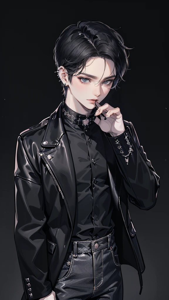 (4K works))、masterpiece、(top-quality)、((Black cityscape background))、Indonesian Male、Adult male、((Adult 30 years old))、((Adult uncle type))、((Leather Jeans Style))、Cool Men、tall、((Wild features))、((Wild look))、((angry expressions))、((Long sleeve long trouser style))、((Diamond face))、((Thin Almond eyes))、Slim body、(((short-haired)))、((Shot alone))、((Solo Photography))、Professional Photos、((He is in front of the viewer))、((Monochrome photography))、((Upper body photography))、((Wear a lot of piercings))、((Piercing on the lips))、((Tongue piercing))、((Icon Photo))、((Sick Boyine Boys))、((sassy pose))