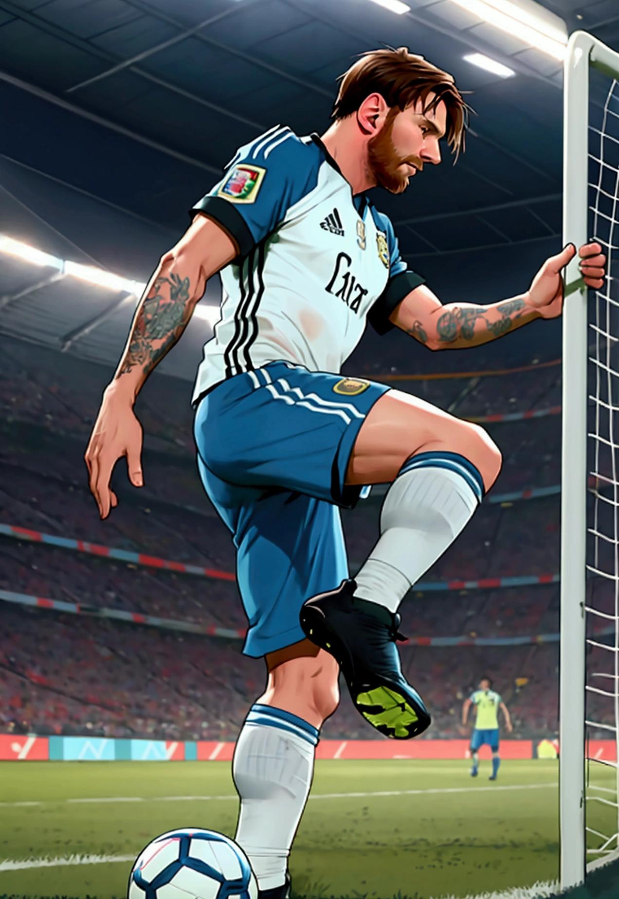 Lionel Messi stepping in the football pitch wearing his argentina jersey