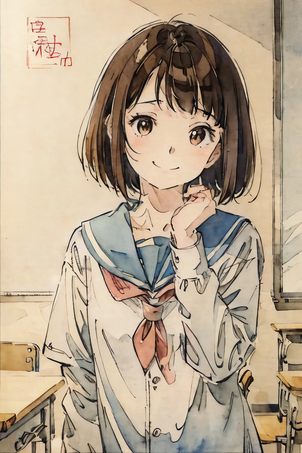 School classroom、Watercolor style、pale colour、Hand-drawn style, 15-year-old student、high school girl、High 、Laughter、frontage、Upper body、Brown Hair、short hair、Upper body