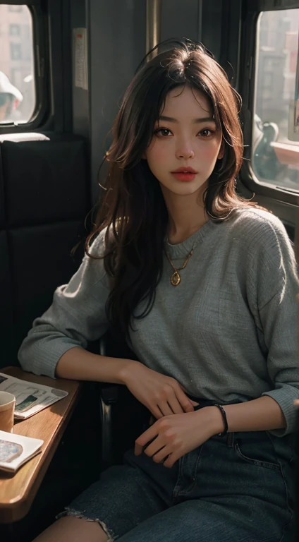 (RAW Photos, Highest quality), (Realistic, photo-Realistic:1.3),Highest quality,Very detailed,masterpiece,Very detailed,shape,One Girl,full_body,Dynamic Angle,world masterpiece theater,Messy_length_hair,Highest quality,Very detailed CG ユニティ 8k 壁紙,ink,wonderful,Cinema Lighting,lens_Flare, Dunhuang_style, in the train