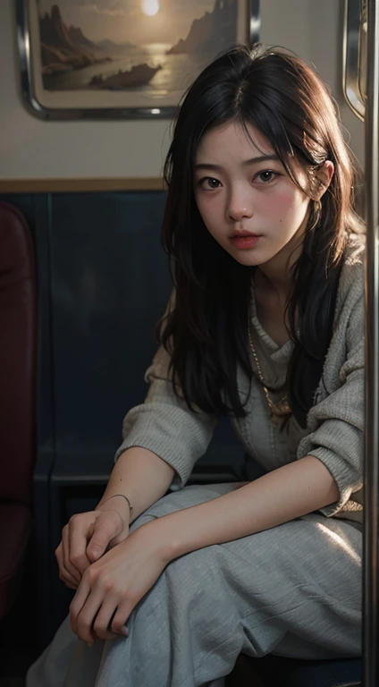 (RAW Photos, Highest quality), (Realistic, photo-Realistic:1.3),Highest quality,Very detailed,masterpiece,Very detailed,shape,One Girl,full_body,Dynamic Angle,world masterpiece theater,Messy_length_hair,Highest quality,Very detailed CG ユニティ 8k 壁紙,ink,wonderful,Cinema Lighting,lens_Flare, Dunhuang_style, in the train