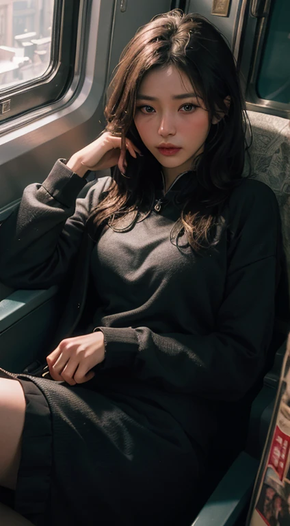 (RAW Photos, Highest quality), (Realistic, photo-Realistic:1.3),Highest quality,Very detailed,masterpiece,Very detailed,shape,One Girl,full_body,Dynamic Angle,world masterpiece theater,Messy_length_hair,Highest quality,Very detailed CG ユニティ 8k 壁紙,ink,wonderful,Cinema Lighting,lens_Flare, Dunhuang_style, in the train
