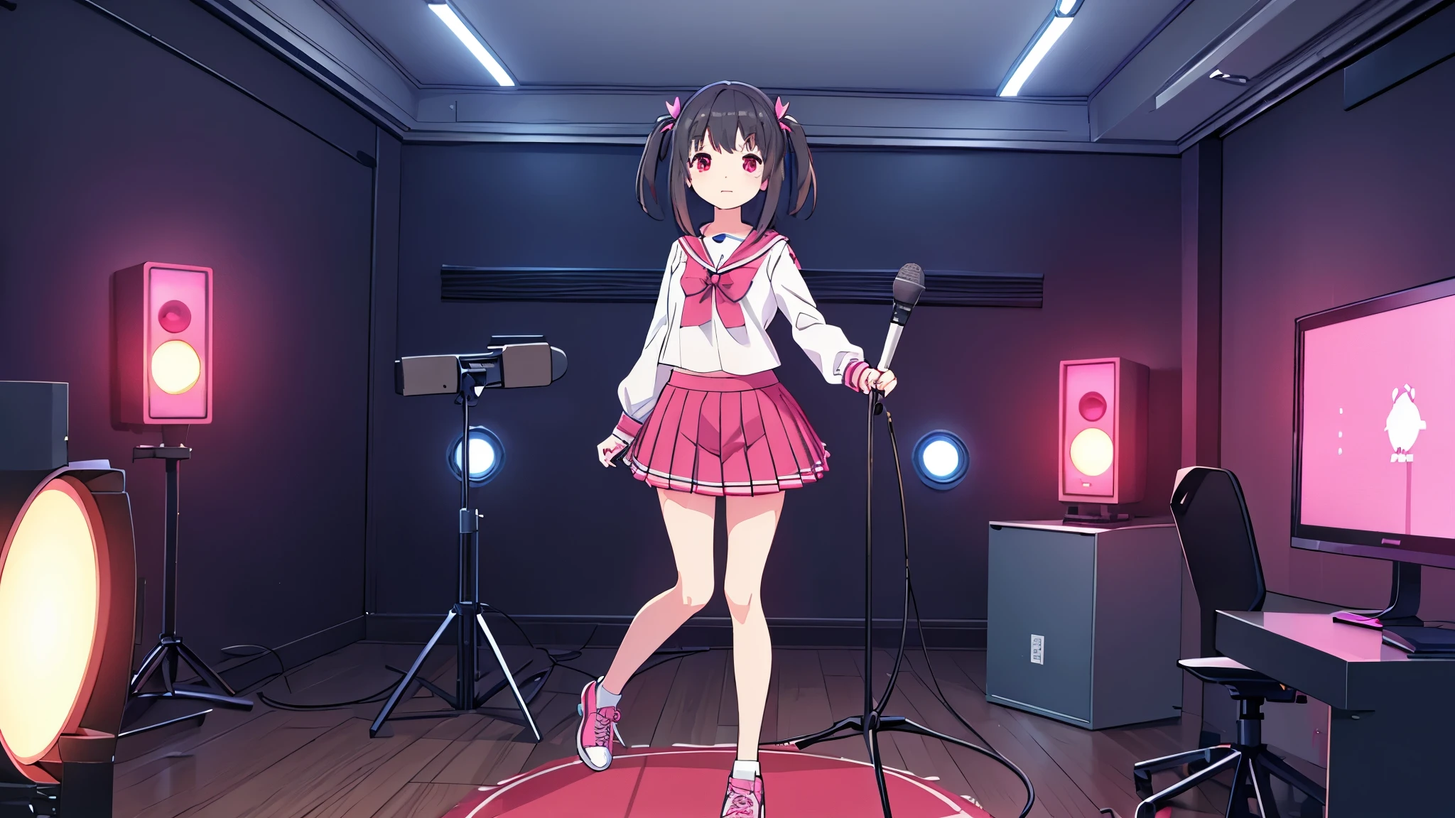 beautiful girl incredible quality 4k vtuber with red eyes black hair with pink ribbon short pleated skirt sailor style blouse long sleeve white long stockings pink tennis shoes with black vtuber youtuber in recording studio room pc gamer background with microphone and rgb cyberpunk LED lights 