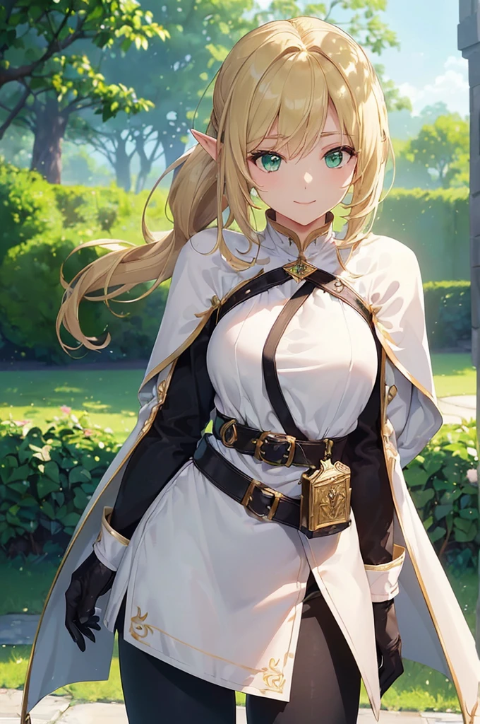 (((masterpiece; best quality: 1.2))), (finely detailed eyes: 1.3), (25 year old elf woman), (solo), (green eyes: 1.4), (body; buxom, fit, femenine: 1.3), (silky blonde hair in low ponytail: 1.3), (beautiful and clear background: 1.2), ((depth of field)), (equipment: adventurer attire + modest + long white tunic-coat + black cape + black pants + gloves + belt + pouches: 1.3), (anime illustration: 1.2), (background composition; royal garden: 1.1), (extremely fine and beautiful: 1.1), (shot composition; standing + centered on torso + close-up: 1.5), (expression; calm, smile: 1.2)