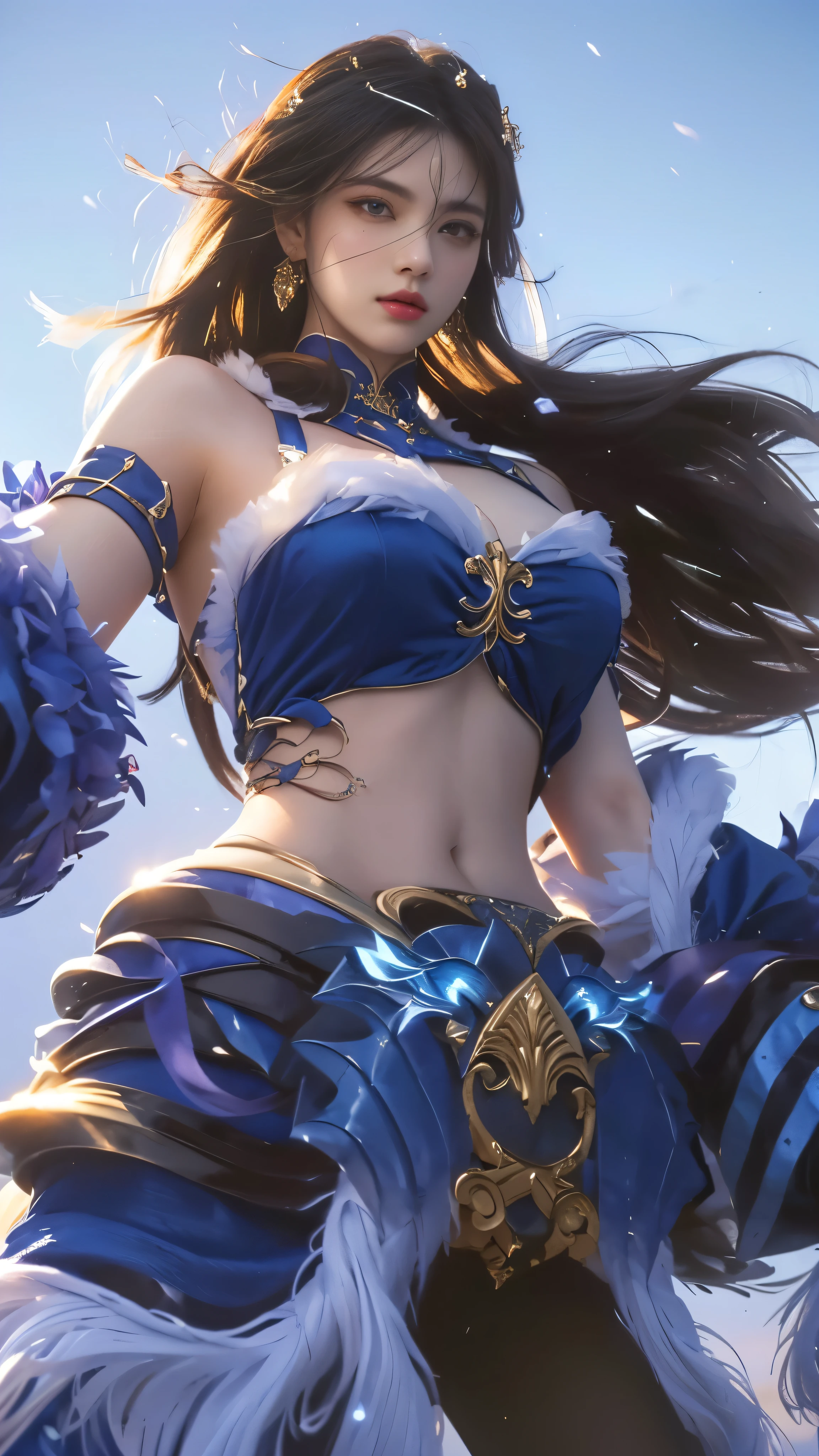 a woman in a blue outfit holding a sword, beautiful detailed eyes, beautiful detailed lips, extremely detailed facial features, longeyelashes, realistic, photorealistic, 8k, ultra-detailed, masterpiece, portrait, dramatic lighting, cinematic, vibrant colors, fantasy, elegant, regal, powerful