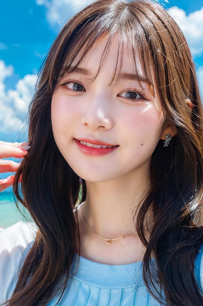 high-level image quality, 1 female, laughing, Wavy Hair, (sky blue background:1.3), ((Detailed face:1.2)), pale skin, (cold color), moist, reflector stay piece, (perfectly proportions), (photos realistic), (Best Quality), photographed in a Canon EOS R5, 50mm Lens, (8K), very long upper eyelashes, very long lower eyelashes, Detailed lashes, Curled eyelashes, Natural eyes, very beautiful eyelashes