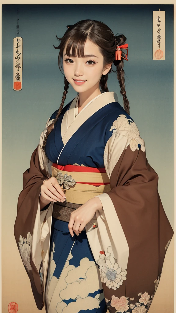Hanafuda painting style, Line art, masterpiece, Highest quality, Highest Resolution, Anatomically correct, Accurate Anatomy, Five fingers, One Japanese woman, Smile and show your teeth a little., Fine and beautiful eyes, Sparkling eyes, Thin eyebrows, Gives lashes a delicate finish, False eyelashes, (Ukiyo-e Makeup:1.2), (Braided hair, Blunt bangs, Brown Hair:1.2), Detailed face, Sharp Eyes, (Portrait of a beautiful woman in kimono:1.3), Photo taken from the thigh up, Blank background in warm colors