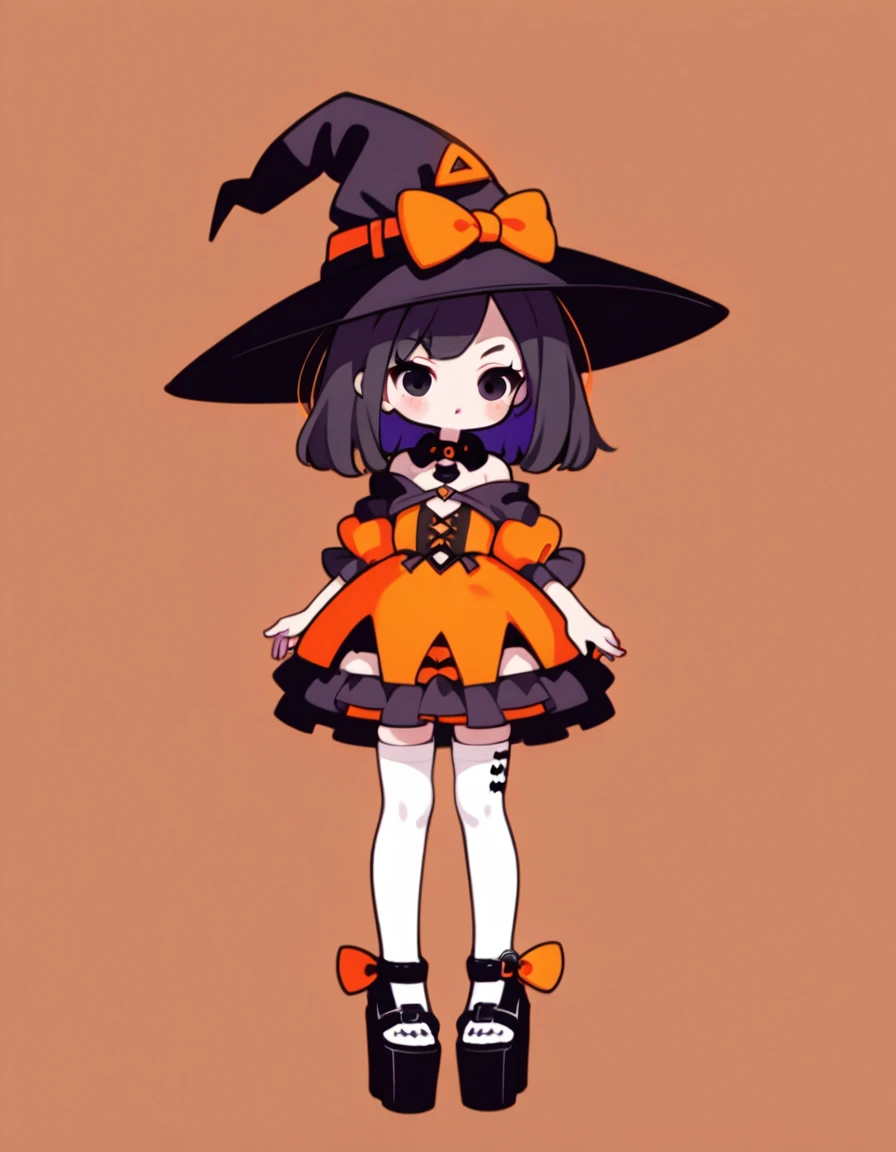 Cute girl, bright orange and dark black, white thigh-high socks, platform heels, gothic style, , small bust, witch, simple background,from front,cowboy shot,standing