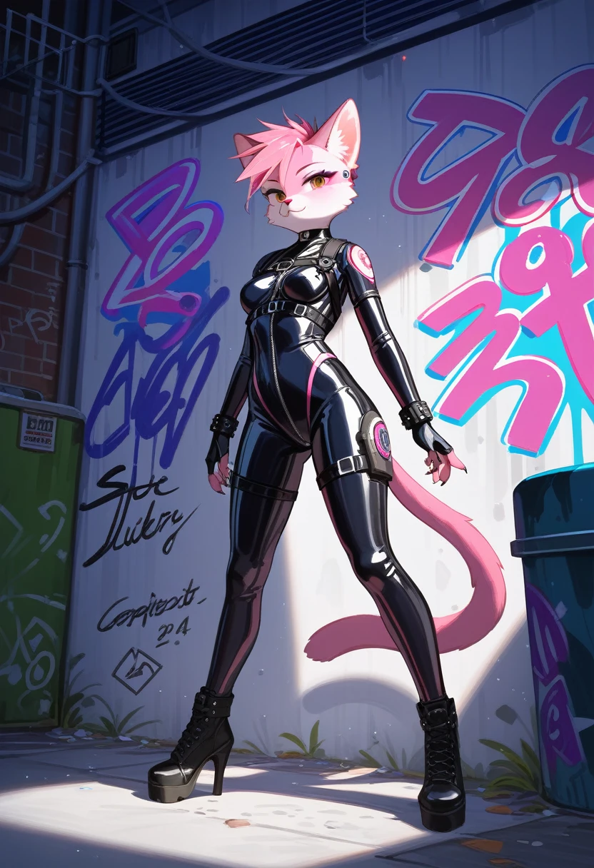animation, Highest quality, Highest quality, High quality illustrations, masterpiece, Ultra-high resolution, Detailed Background, Alley, night, Graffiti art on the wall, Absurd, Perfect Anatomy, performance, Good lighting, Shadows in the movies(kemono, Furry PersonifiCation), Cat, Pink Skin, Rubber suit, latex, neon, neonライト, neonカラー, Bodysuits, Cyber Suit, Mech Suit, cyber punk, Earrings