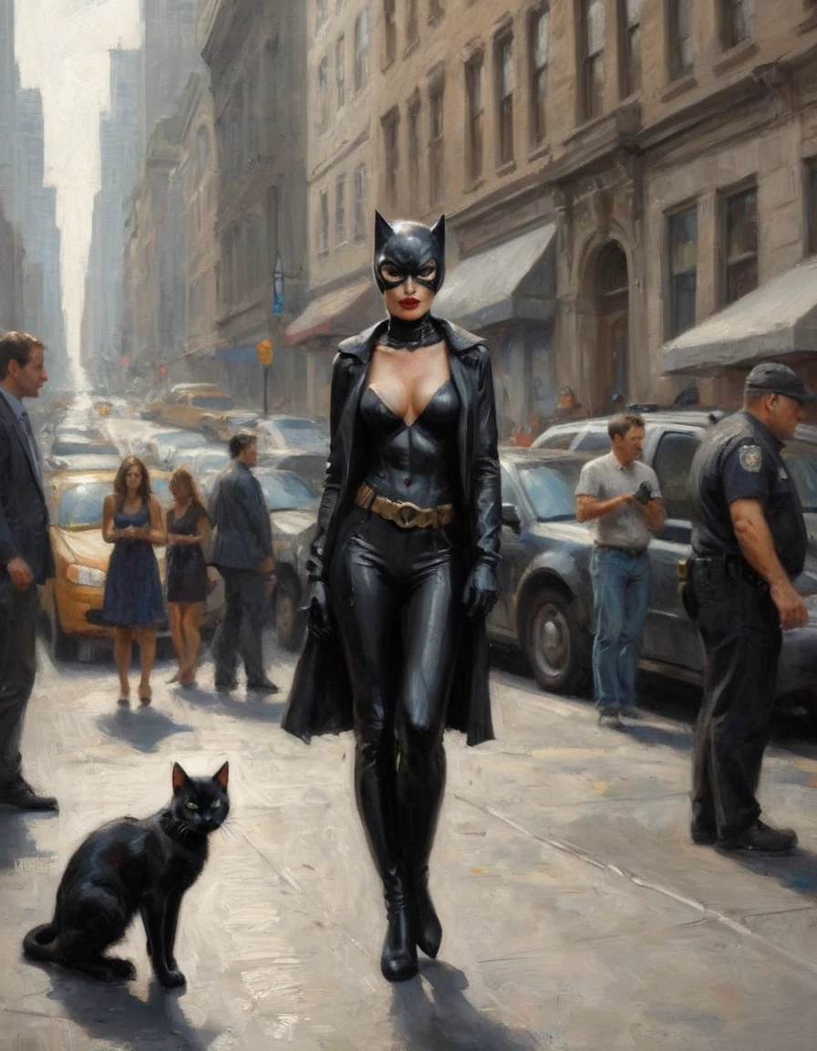 A street photographer secretly captures Catwoman outside late afternoon in Gotham city