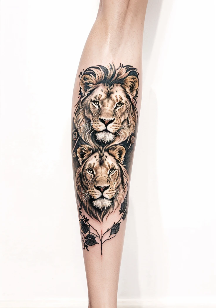 A tattoo with a regloc and a lion with one eye and with roses