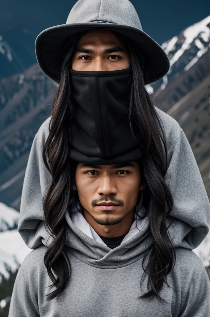 A white character with long hair, a straight neck on top and wavy black eyes on the bottom, with a gray sweatshirt and a mountain hat. (balaclaba) covering his mouth 
