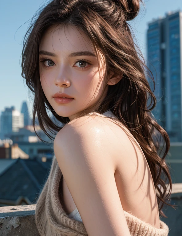 8K, RAW Photos, Highest quality, masterpiece, High-definition RAW color photos, Professional photos, (Realistic, photoRealistic:1.37), (Skin with attention to detail:1.2), High resolution, Beautiful attention to detail, (Hard Focus:1.4), (Sharp focus:1.4),
Realistic , (8K Ultra HD:1.2) , Photorealistic high-quality shadows, 
Broke up_lips, Narrow Face,
(Wavy Hair), Half-up top knot, Crown Blade, Pink eye color, Provocative look,
(Extreme face close up),  throw, (((Depth of written boundary))), pale and shiny skin, 
Cropped cowl neck sweater,
30th Generation,
Bloomers,
rooftop,
Bokeh, Lens flare, (Vignette:0.8), Dramatic lighting, Cinema Lighting, Backlight, Professional Lighting, Physically Based Rendering, Urzan-6500-v1.1, Purelos Face_v1.