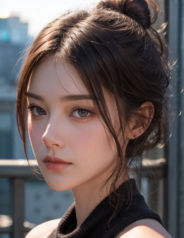 8K, RAW Photos, Highest quality, masterpiece, High-definition RAW color photos, Professional photos, (Realistic, photoRealistic:1.37), (Skin with attention to detail:1.2), High resolution, Beautiful attention to detail, (Hard Focus:1.4), (Sharp focus:1.4),
Realistic , (8K Ultra HD:1.2) , Photorealistic high-quality shadows, 
Broke up_lips, Narrow Face,
(Wavy Hair), Half-up top knot, Crown Blade, Pink eye color, Provocative look,
(Extreme face close up),  throw, (((Depth of written boundary))), pale and shiny skin, 
Cropped cowl neck sweater,
30th Generation,
Bloomers,
rooftop,
Bokeh, Lens flare, (Vignette:0.8), Dramatic lighting, Cinema Lighting, Backlight, Professional Lighting, Physically Based Rendering, Urzan-6500-v1.1, Purelos Face_v1.