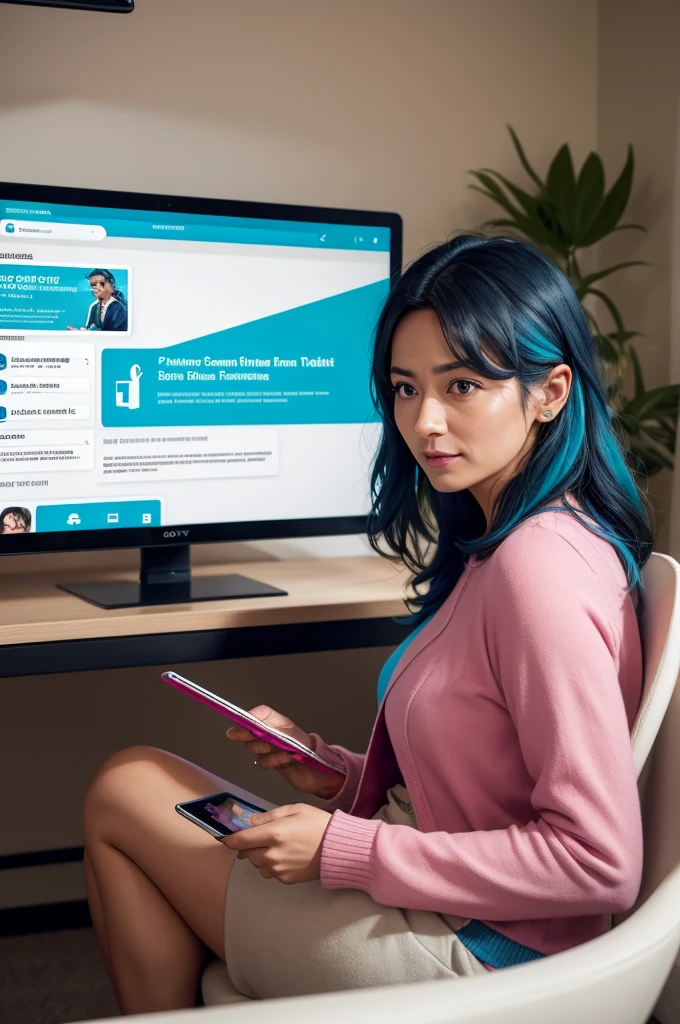 Cinematic, person watching financial education videos on a tablet, colorful home office, casual attire, 2023, digital, Sony A7 III, directed by Taika Waititi, humorous and educational, bright and playful lighting, vibrant colors --ar 16:9 --style playful
