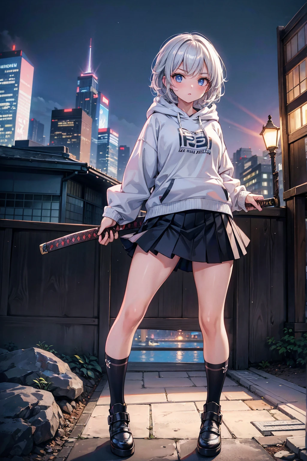 (masterpiece), (best quality), (ultra detailed), (high res 8K), 1 girl, late teenage, standing, contrappost, full body, low angle, hoody, mini-skirt,((katana)), short hair, silver hair, serious, looking away, cityscape in Tokyo, night, rim lighting, high contrast, professional lighting, stunning face, symmetrical clear eyes, detailed eyes and face,(near future)