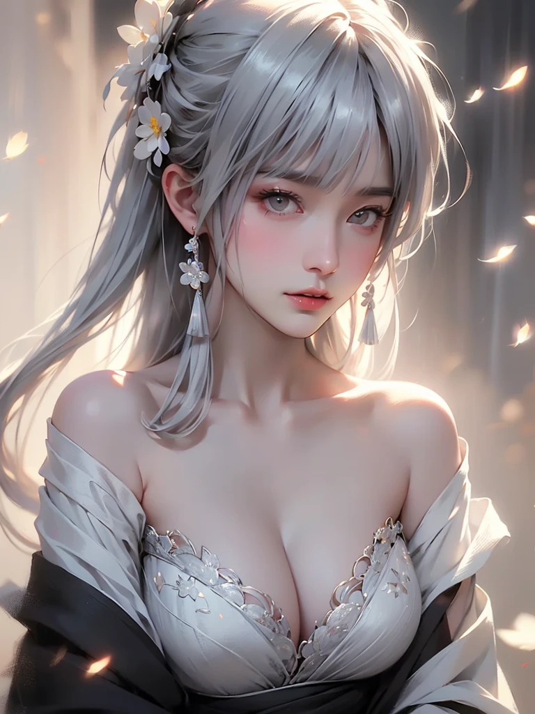 super high quality, masterpiece, Perfect illustration, Very detailed (Exquisite light and shadow, Very dramatic photo,Backlight) , ((Gray Hair:1.5))1 Girl,(( alone:1.6)), (Wearing Japanese clothes, Black and white kimono,Monotony,Long sleeve) Flower Field, Flowers, (White smoke:1.3) (Realistic:1.4), Zen Intertwining, Tangled, Official Art, unity 8k wallpaper, Very detailed, Beautiful and beautiful, masterpiece, Highest quality, (Dynamic Angle: 1.4), Glowing Skin, (Floating colorful flashes: 1) The most beautiful chaotic shapes, elegant, Brutalist Design, Bright colors, Romantic Depth of Field Exotic_dance, half_naked、Expose your shoulders、Ample breasts、Great cleavage、(from side)、Dynamic pose、Backlight