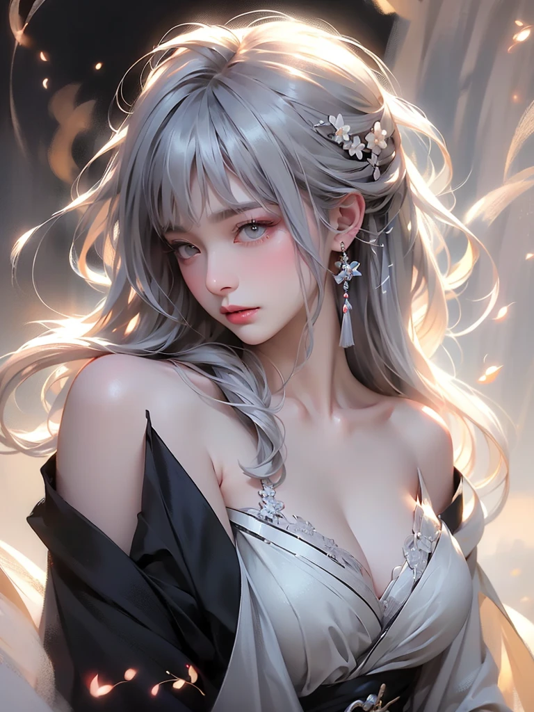 super high quality, masterpiece, Perfect illustration, Very detailed (Exquisite light and shadow, Very dramatic photo,Backlight) , ((Gray Hair:1.5))1 Girl,(( alone:1.6)), (Wearing Japanese clothes, Black and white kimono,Monotony,Long sleeve) Flower Field, Flowers, (White smoke:1.3) (Realistic:1.4), Zen Intertwining, Tangled, Official Art, unity 8k wallpaper, Very detailed, Beautiful and beautiful, masterpiece, Highest quality, (Dynamic Angle: 1.4), Glowing Skin, (Floating colorful flashes: 1) The most beautiful chaotic shapes, elegant, Brutalist Design, Bright colors, Romantic Depth of Field Exotic_dance, half_naked、Expose your shoulders、Ample breasts、Great cleavage、(from side)、Dynamic pose、Backlight