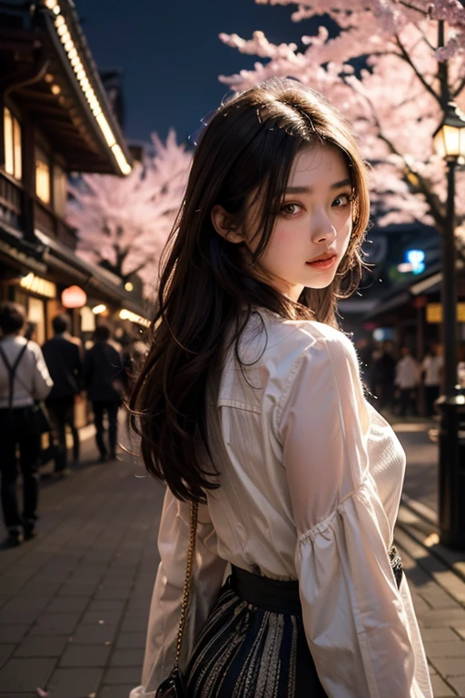 masterpiece、8K、32k、Highest quality、(Detailed eyes)、(Cute Japanese Woman、Bans)、18-year-old、One Girl、elegant、(Detailed background depiction)、look back、Hilarious, steampunk、clear、Walking in Kyoto at night、Cherry blossoms sparkle at night