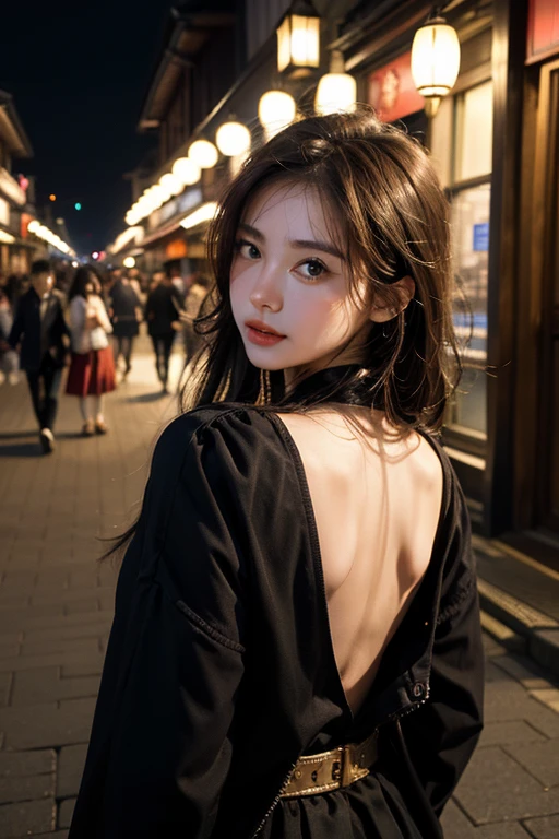 masterpiece、8K、32k、Highest quality、(Detailed eyes)、(Cute Japanese Woman、Bans)、18-year-old、One Girl、elegant、(Detailed background depiction)、look back、Hilarious, steampunk、clear、Walking in Kyoto at night、Cherry blossoms sparkle at night