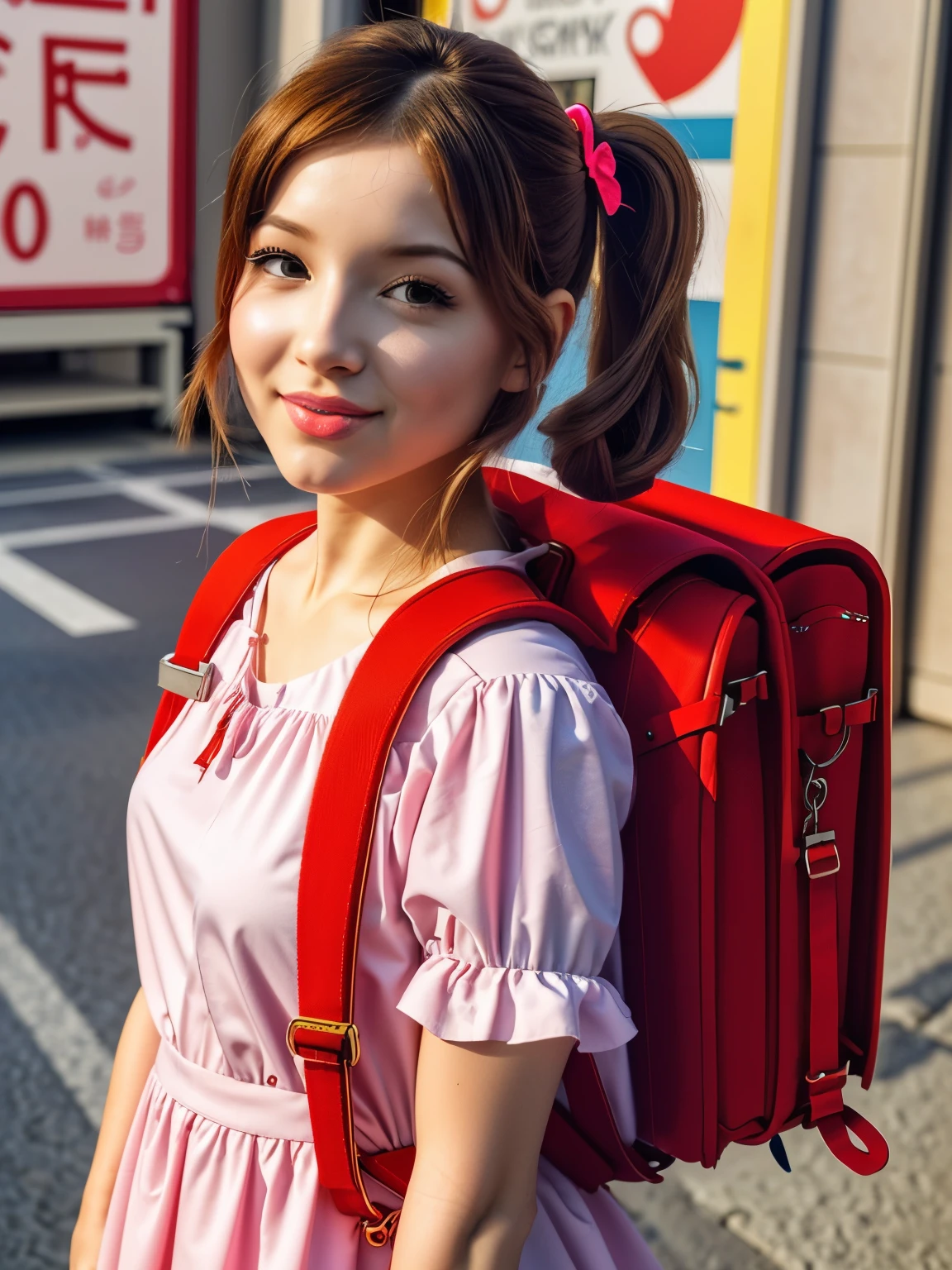 Masterpiece, hd, a woman on the street corner with pink dress on, best quality, 1girl, large breasts, day, bright, blonde hair, outdoor, (street:0.8), (people, crowds:1), (lace-trimmed dress:1.5, sleeveless dress, pink clothes, pinkhigh-neck dress:1.2, pink dress: 1.5), gorgeous, (short hair, forehead:1.2), beautiful detailed sky, earrings, (dynamic pose:1.2), (upper body:0.8), soft lighting, wind, shiny skin, smile,wearing school backpack, side view, (red backpack:1.2), red backpack