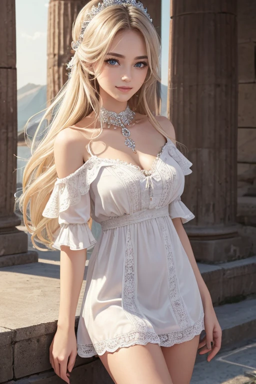 (Highest quality,Very detailed,High resolution,masterpiece,8K),Bright and vibrant colors,Official artwork,whole body,Standing posture,above the knee shot,Stylish makeup,Silver blonde medium-long hair fluttering in the wind、Captivating eyes,Glossy Lips,Off the shoulder、White lace dress,Cute girl with ample breasts,Beautiful neckline, Holding,Captivating smile,Solemn atmosphere,Greek mythology ancient majestic temple、