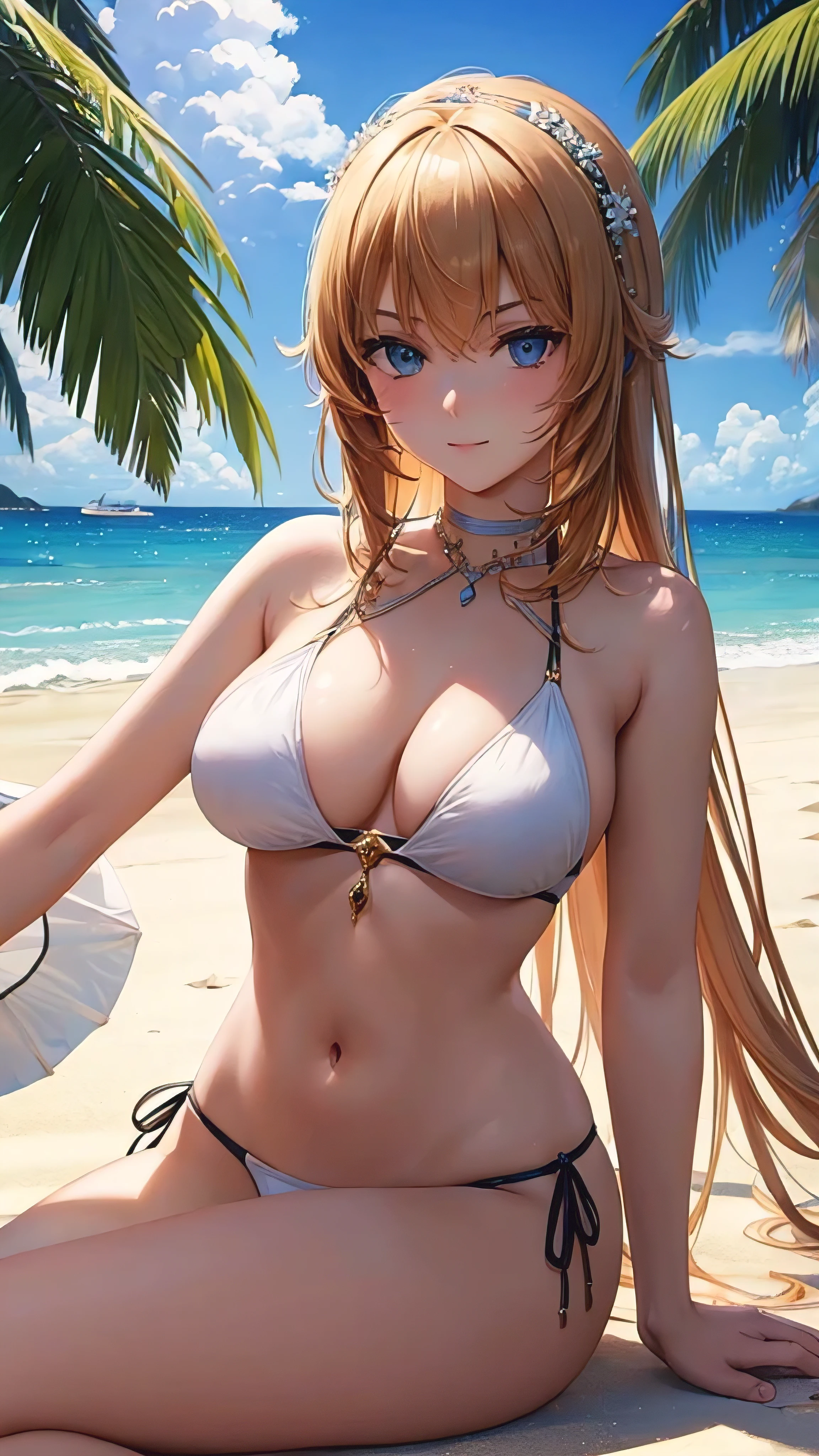 ((Best Quality)), ((Masterpiece)), (detailed), Furina and Yelan, on the beach, arrogant expression, looking at her bikini 