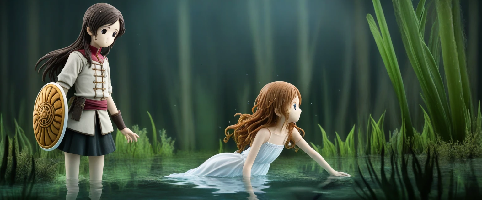 score_9, score_8_wonderful, score_7_wonderful, score_6_wonderful, sauce_anime, partially underwater, 
One Girl, Long Hair, Brown Hair, Wet Hair,
White Dress, Swamp,
Dark Background, Blurred Edges,8--old、enturer、Flat Chest、Pitch-dark underground labyrinth、No light、skirt、Equipped with a dagger and a shield、水面よりwonderfulの顔、Corpse in water, Underwater Photography、浮力でskirt捲れる